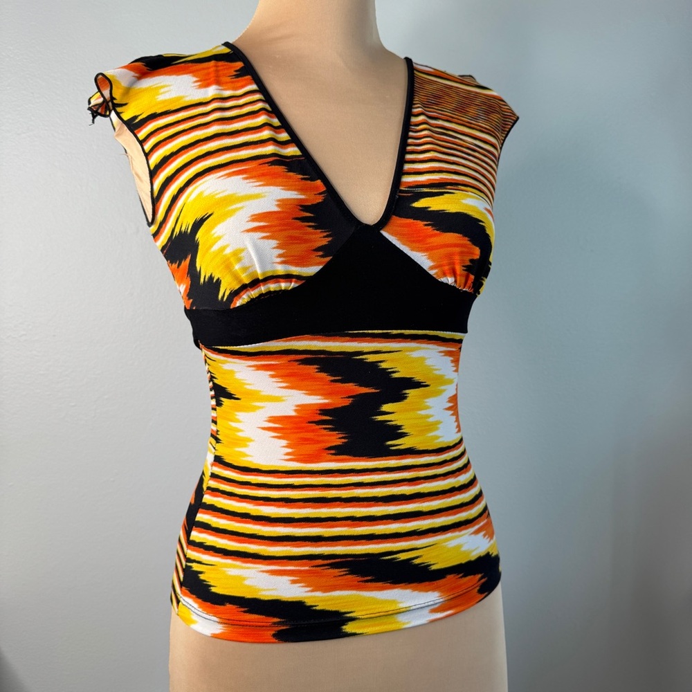 Vintage Y2K Sunset Orange Yellow Graphic Print Stretch Top Size Small S Tropical